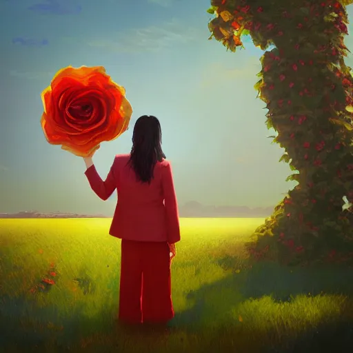 Image similar to portrait, giant rose flower head, girl in a suit, surreal photography, sunrise, blue sky, dramatic light, impressionist painting, digital painting, artstation, simon stalenhag