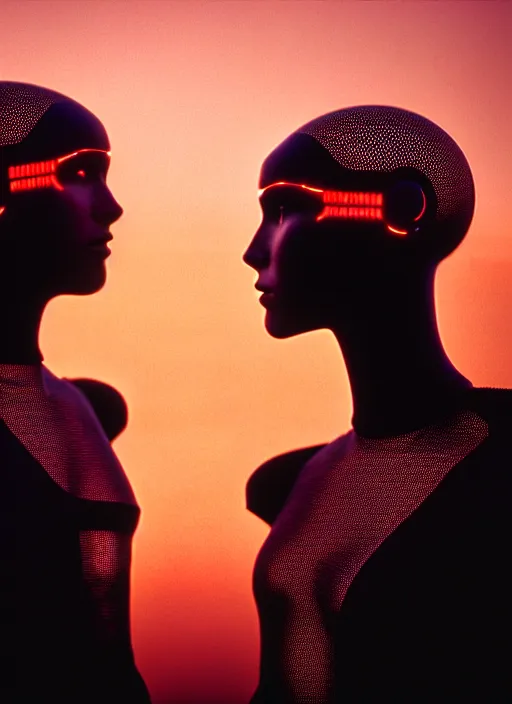 Image similar to cinestill 5 0 d photographic portrait by steve mccurry of two loving female androids wearing rugged black mesh techwear on a desolate plain with a red sky, extreme closeup, cyberpunk style, dust storm, 8 k, hd, high resolution, 3 5 mm, f / 3 2, ultra realistic faces, ex machina, blade runner