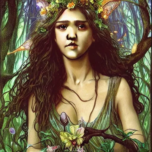 Image similar to head and shoulders portrait of a flowering fey fairy warlock portrayed by young jessica alba, in a magical forest, d & d, fantasy, luis royo, magali villeneuve, donato giancola, wlop, krenz cushart, hans zatka, klimt, alphonse mucha