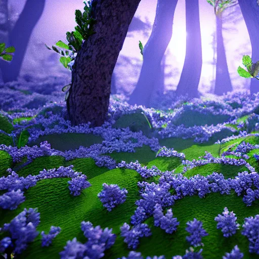 Prompt: artistic render of a scene with detailed blueberry bushes in a nordic forest. Digital art. 4K. Unreal engine. Trending on artstation.