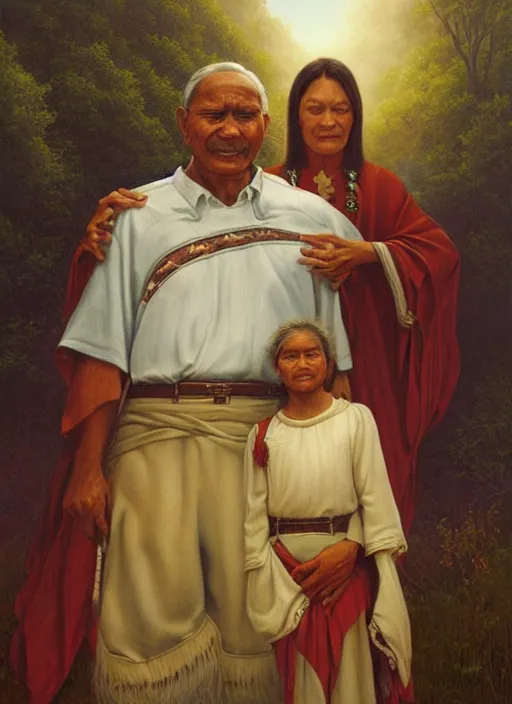 Image similar to portrait of an indigenous grandfather and grandmother in the clouds, smiling, protection, benevolence, ancestors, art by christophe vacher