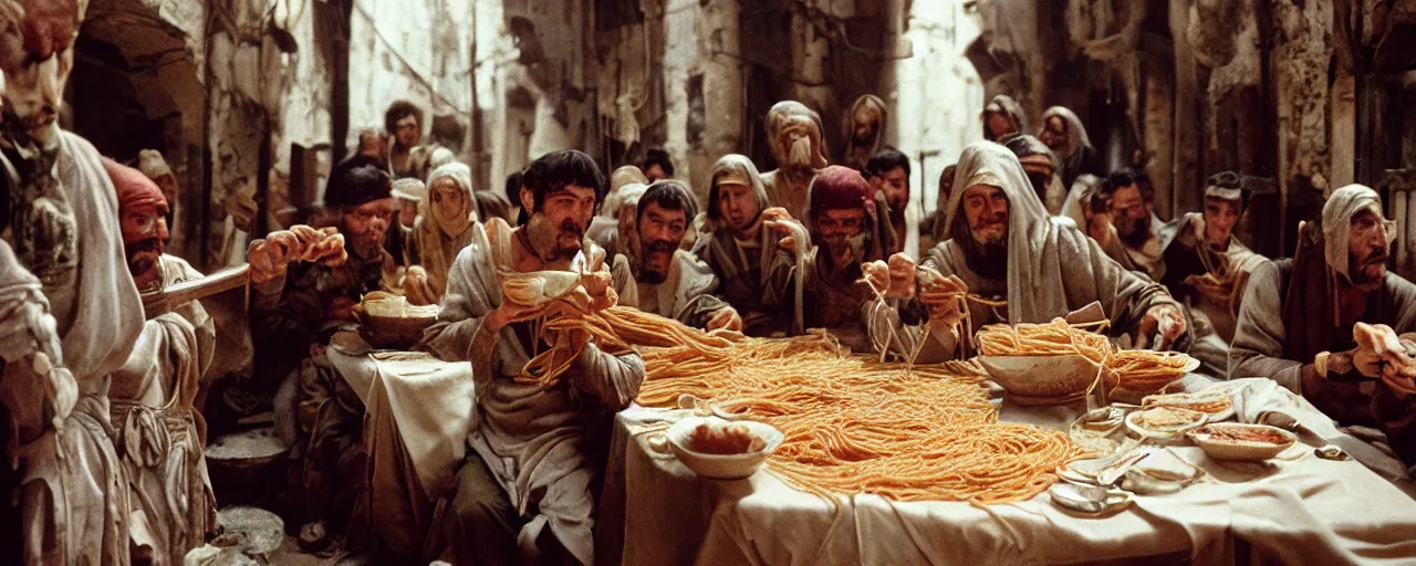 Prompt: eating spaghetti during the seige of constantinople, 7 0 0 ad, small details, intricate, 5 0 mm, cinematic lighting, photography, wes anderson, film, kodachrome