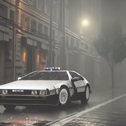 Image similar to hyperdetailed, photorealistic photograph of a dmc 1 2 delorean driving in the streets, rain, night, dense fog, hd, unreal engine 5