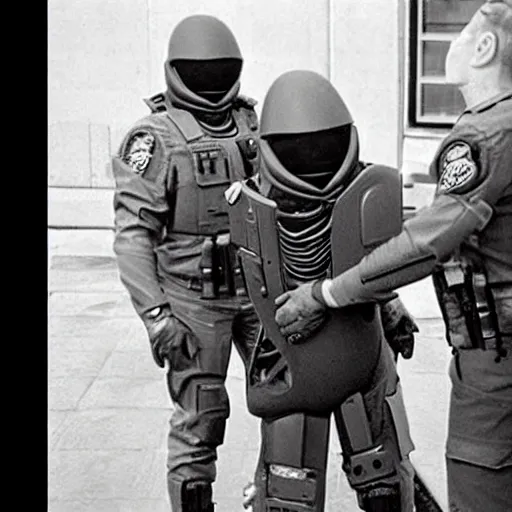 Image similar to extraterrestrial zeta reticulan grey alien, being arrested by spetsnaz