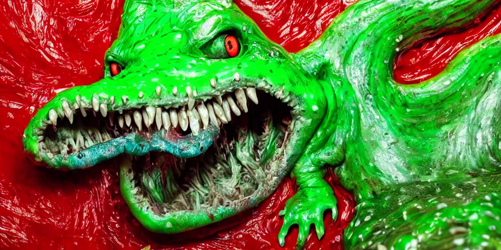 Image similar to a large slimy creepy monster a with very long slimy tongue, dripping saliva, macro photo, fangs, red glowing skin, green skin with scales, cinematic colors, tiny glowbugs everywhere, standing in shallow water, insanely detailed, dramatic lighting