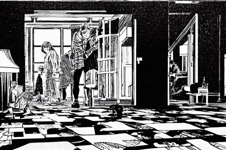 Prompt: a haruki suetsugu illustration of a scene from the shining ( 1 9 8 0 )