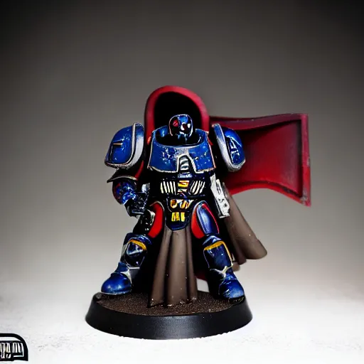 Image similar to space marine from warhammer 40000 in the style of Darth Vader from star wars, realism, against the background of the battlefield, depth of field, focus on darth vader,