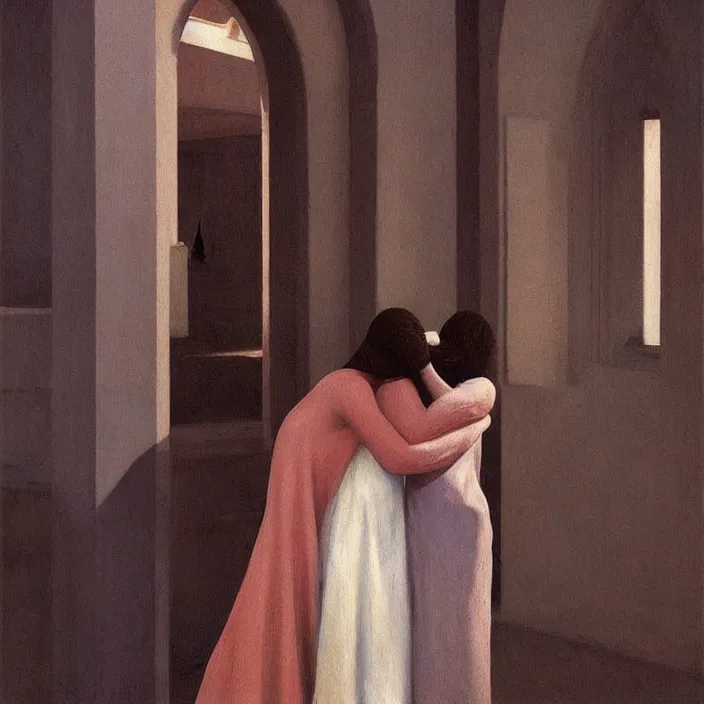 Prompt: two woman hugging with a paper bag over the head, dressed in plastic bags, inside cathedral, highly detailed, artstation, art by , edward hopper, zdislav beksinski, wayne barlowe