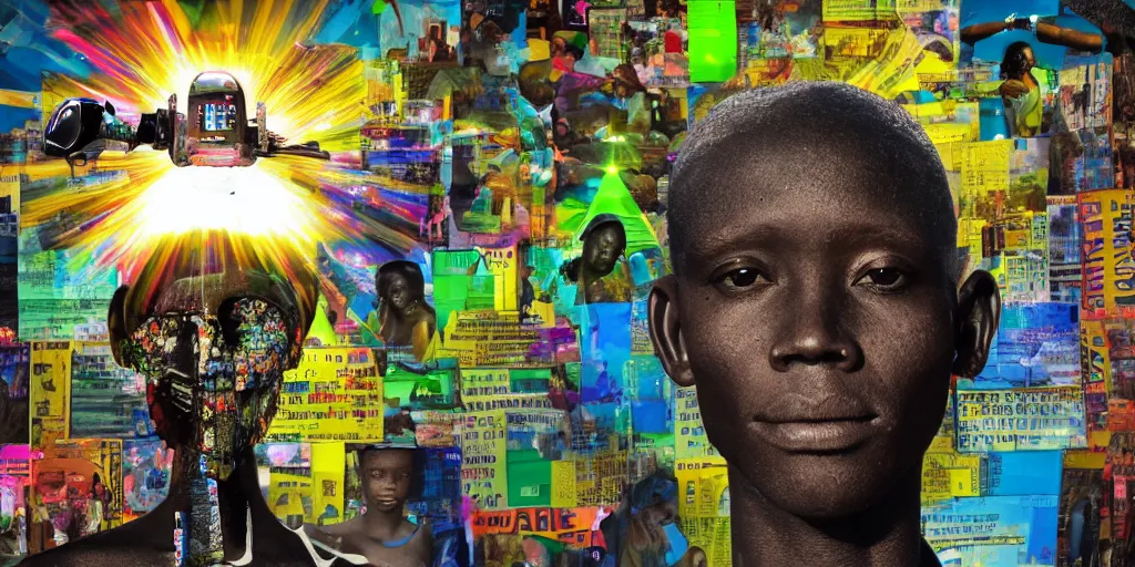 Prompt: robot of Ajegunle slums of Lagos inside African Jesus Christ about beauty surrounding a large UFO with neon ray of light, magazine collage,