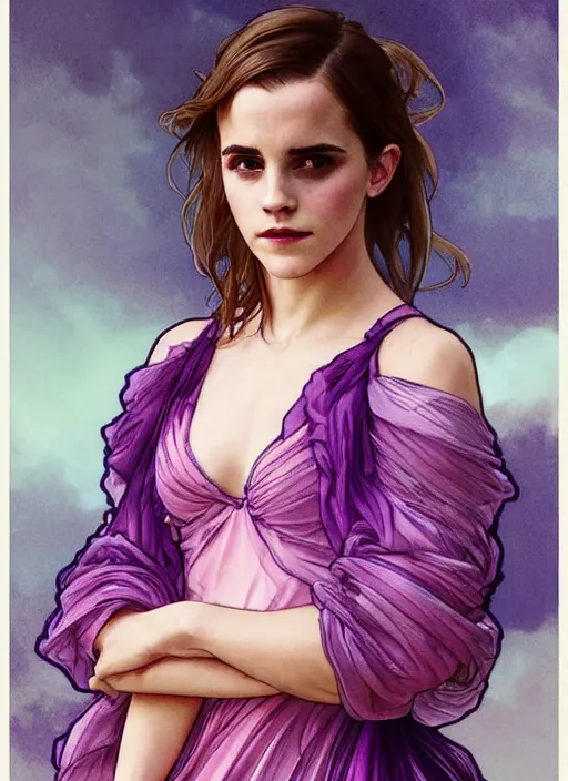 Image similar to emma watson wearing revealing pink and purple chiffon dress with flounces. beautiful detailed face. by artgerm and greg rutkowski and alphonse mucha