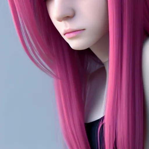 Image similar to A 3d cgi toon young woman with long pink hair, full bangs, amber eyes, pale skin, Chinese, medium shot, mid-shot, soft focus, 4k, trending on artstation