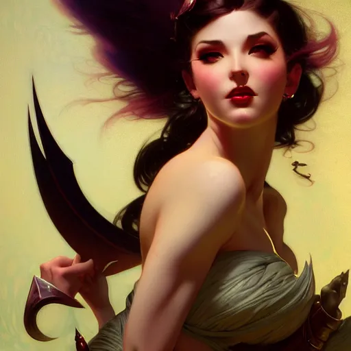 Image similar to Jinx of League of Legends, dark fantasy, medium shot, intricate, elegant, highly detailed, digital painting, volumetric light, artstation, concept art, smooth, sharp focus, illustration, art by Gil Elvgren and Greg Rutkowski and Alphonse Mucha