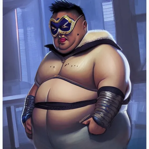 Image similar to an insanely detailed painting of a chubby asian man wearing a homemade superhero costume and mask, sitting at a computer desk typing on the keyboard, in the style of peter mohrbacher, dramatic lighting and composition, trending on artstation, concept art, comic book, graphic novel, back view