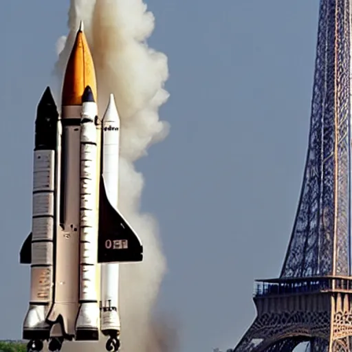 Image similar to nasa space shuttle crashes into eiffel tower