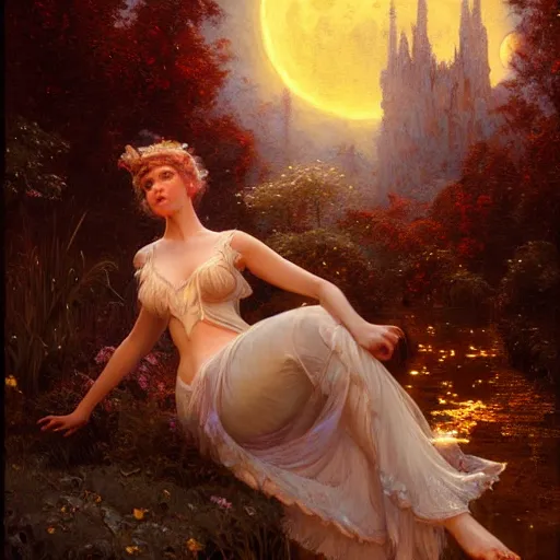 Image similar to attractive fairy magically floating high in the night, fantasy, full moon in background. highly detailed painting by gaston bussiere, craig mullins, j. c. leyendecker, mid shot, 8 k realistic, cryengine, frostbite 3 engine, sharp focus