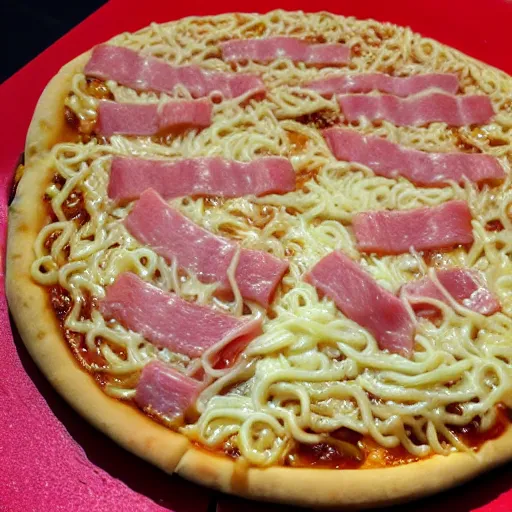 Image similar to ramen noodle and ham pizza with pepto bismol sauce.