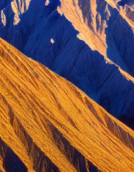 Image similar to vintage color photo of Cordillera De Los Andes covered in liquid gold reflecting light, 8k definition