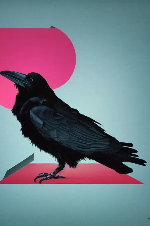 Image similar to a raven using 8 0 s era technology, vintage shapes, retro technology, pantone color, wayne barlow, oil on canvas, deep depth of field, masterpiece, cinematic composition, hyperdetailed