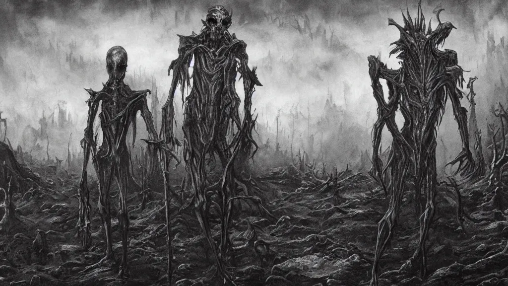 Image similar to dark detailed landscape, chilling overwhelming blood oil painting, brutal fantasy hell of unknown creatures, dreadful and creepy lifeless skinny slendermen