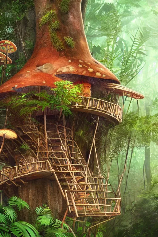 Image similar to a tree house in the jungle, big mushroom growing on tree trunk, by alba ballesta gonzalez and robbie trevino. 4 k wallpaper, digital 2 d, illustration. extremely detailed, cinematic lighting, smooth sharp focus.