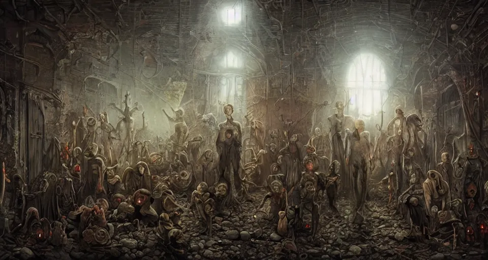 Prompt: A horrific sinister painting of souls of the dead queueing up outside a door in an abandoned warehouse by Tom Bagshaw, Dan Mumford, Dariusz Zawadzki, Todd McFarlane, and Erik Johansson.