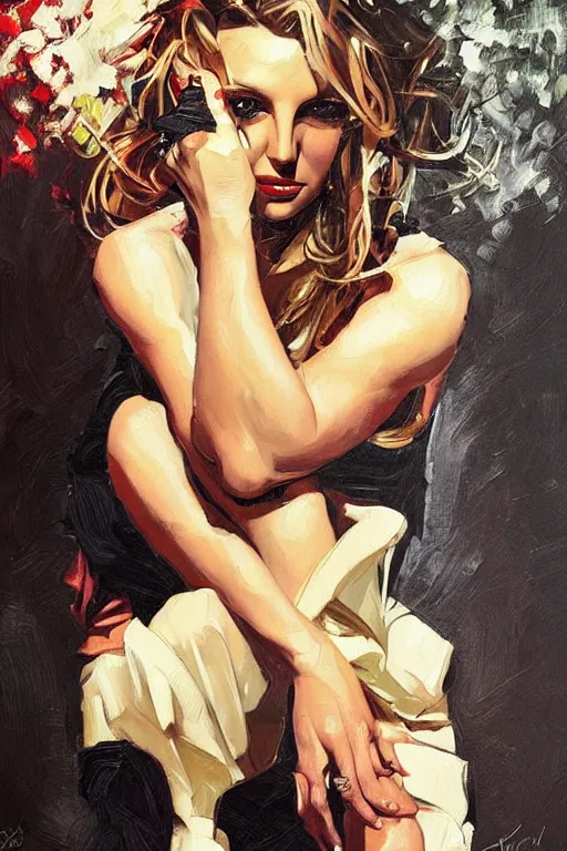 Image similar to britney spears, painting by jc leyendecker!! phil hale!, angular, brush strokes, painterly, vintage, crisp