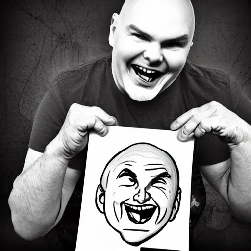 Image similar to billy corgan in an old man's wheelchair in front of an amusement park, laughing, smiling at child's photograph, realistic photo, photoshop, cartoon drawing, hand drawn, digital cartoon, caricature