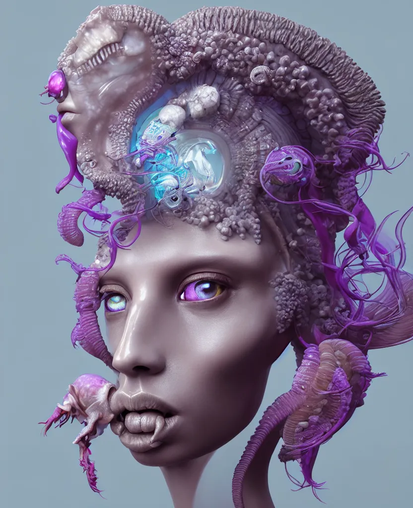 Image similar to goddess princess beautiful face close-up portrait ram skull zbrush sculpt. jellyfish phoenix head, nautilus, orchid, skull, betta fish, bioluminiscent creatures, intricate artwork by Tooth Wu and wlop and beeple. octane render, trending on artstation, greg rutkowski very coherent symmetrical artwork. cinematic, hyper realism, high detail, octane render, 8k