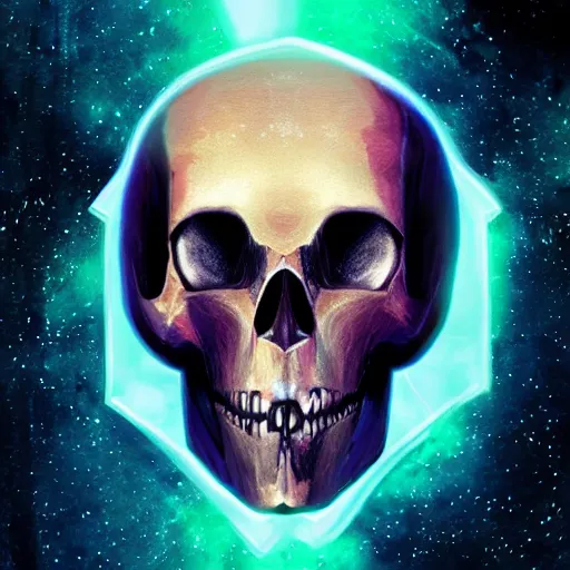 Prompt: alien skull, symmetrical, game key art, galaxy background