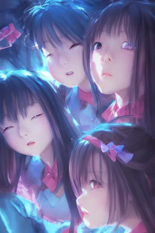 Prompt: 3d infrared octane render concept art by Mo Xiang Tong Xiu, by Igarashi Daisuke, by makoto shinkai, cute beauty cozy portrait anime schoolgirls under dark pink and blue tones, mirror room. light rays. water bellow. pretty realistic face. pretty big eyes. dramatic light, trending on artstation, oil painting brush