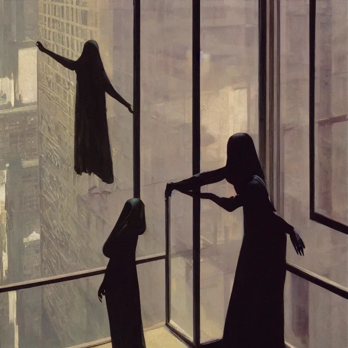 Prompt: woman in transparent black robes, back to us, reaching up for window, highly detailed, artstation, art by John Berkey, edward hopper, zdislav beksinski, wayne barlowe, edward hopper