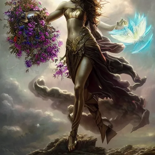 Image similar to fine art, long shot photo of the beauty goddess gal gadot, she has a crown of mesmerizing flowers, she is arriving heaven, background full of stormy clouds, by peter mohrbacher