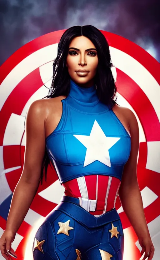 Image similar to Portrait of Kim kardashian as captain america, splash art, movie still, cinematic lighting, dramatic, octane render, long lens, shallow depth of field, bokeh, anamorphic lens flare, 8k, hyper detailed, 35mm film grain
