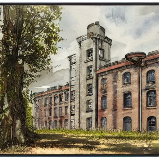 Prompt: front view of overgrown denbigh asylum aka the north wales hospital, full color, hyperrealistic, nice colour scheme, soft warm colour. studio gibli. beautiful detailed watercolor by lurid