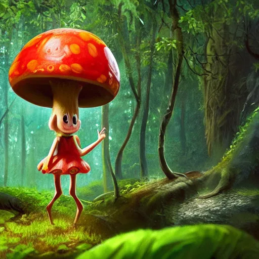 Image similar to Intricate detailed illustration, A happy humanoid mushroom frolicking in a lush rainforest, 🍄 , cinematic lighting, by Philip Hood, wide angle, volumetric light scattering, 8k, artstation, concept art,