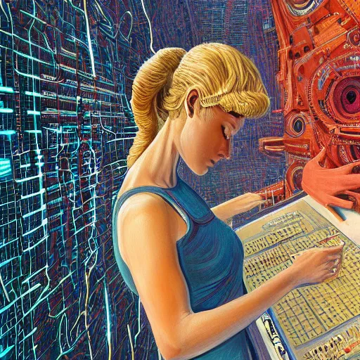 Prompt: beautiful detailed sci - fi painting of a female neuroscientist trying to understand a microprocessor and neural networks, jean giraud