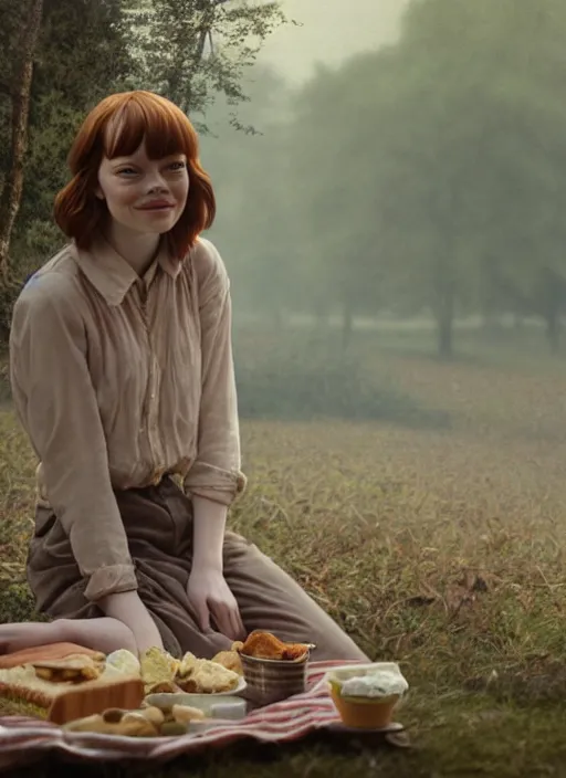 Prompt: portrait bust of emma stone having a picnic with tom holland, solemn expression, faded color film, russian cinema, tarkovsky, kodachrome, old cabin, next to window, heavy forest outside, long brown hair, old clothing, heavy fog, hudson river school, 4 k, dramatic lighting, greg rutkowski