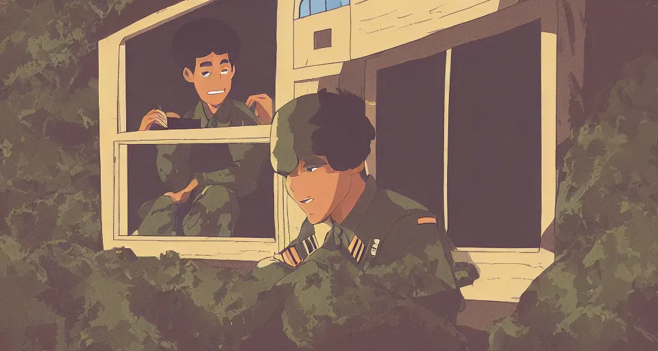 Prompt: a cozy military barack with an overgrown window, studio Ghibli style, golden hour