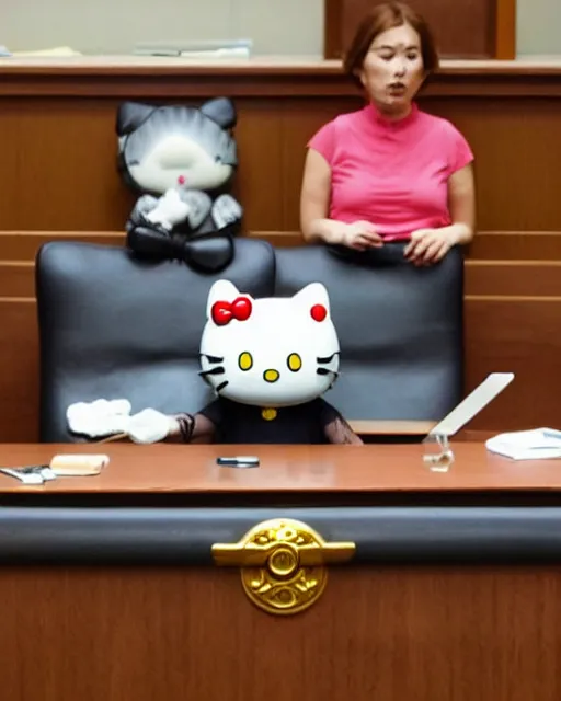 Image similar to Angry Hello Kitty, in a courtroom