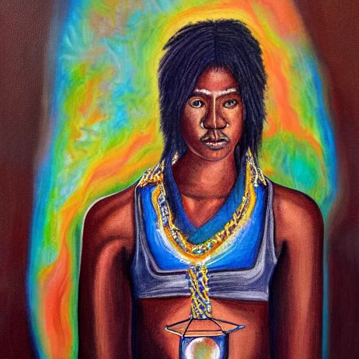 Image similar to a portrait of a humanoid black puma wearing a tank top and a necklace with a glowing stone, painting by Malevitch