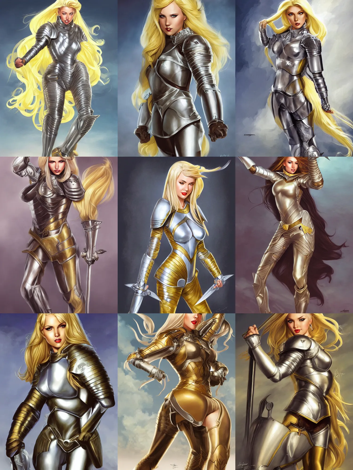 Prompt: pinup picture of a female knight, skintight silver armor, long yellow hair, brown eyes, white skin, fantasy, very coherent, by artgerm, joshua middleton, illustration