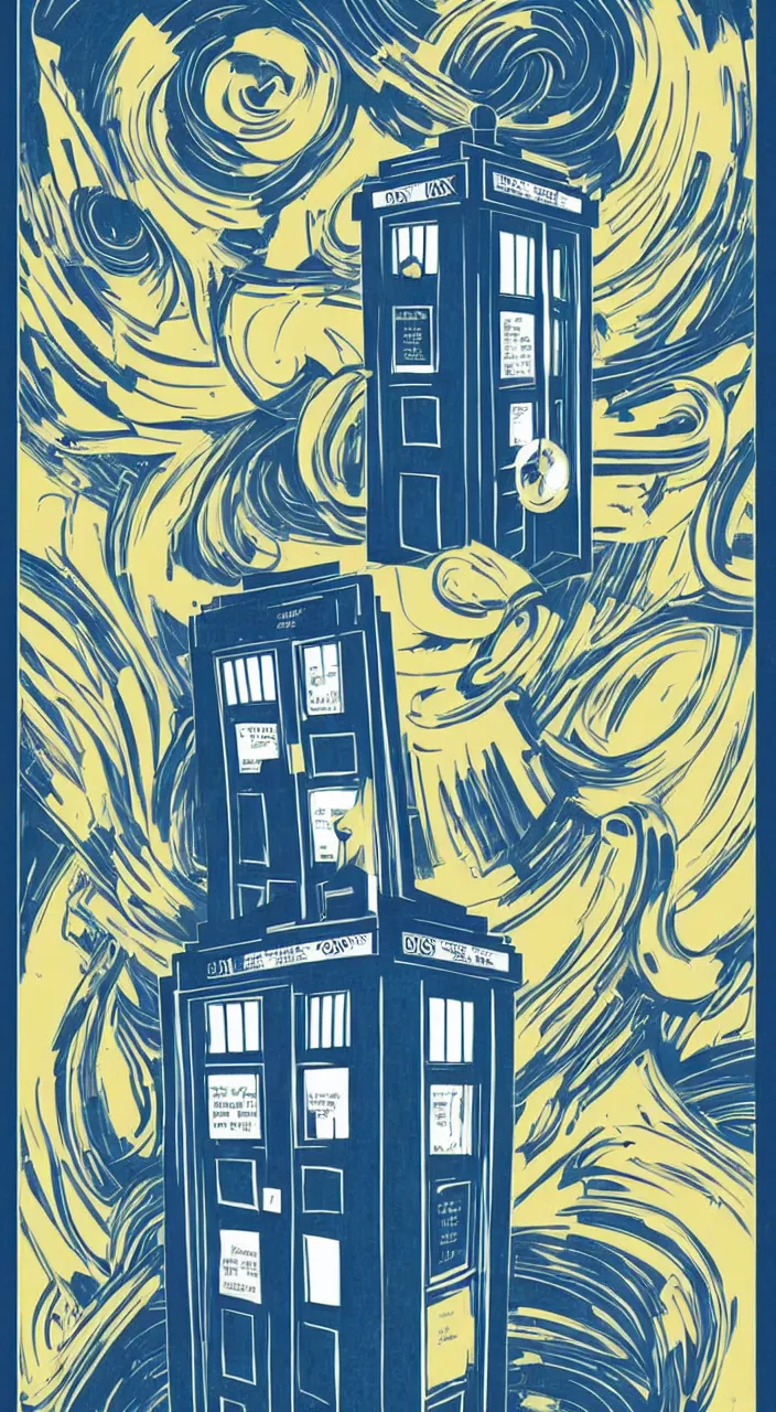 Image similar to the doctor and the TARDIS in an art deco style