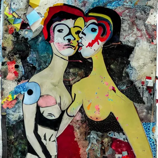 Image similar to two women kissing at a carnival, mixed media collage, futuristic, paper collage, magazine collage, acrylic paint splatters, bauhaus, claymation, layered paper art, sapphic visual poetry expressing the utmost of desires by jackson pollock