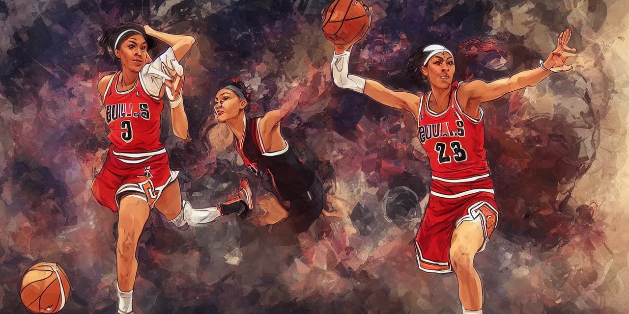 Image similar to candace parker playing basketball in a chicago bulls jersey art by artgerm and greg rutkowski and alphonse mucha, wide angle view,