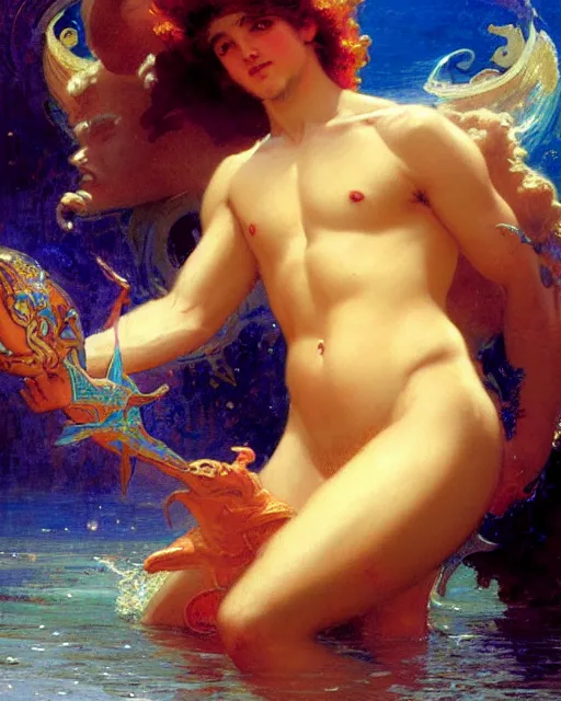 Image similar to attractive god neptune speaking with the aquatic life, painting by gaston bussiere, craig mullins, j. c. leyendecker,