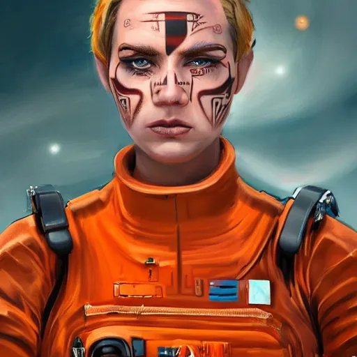 Prompt: character concept art of heroic stoic emotionless butch blond handsome woman space explorer with detailed tribal chin tattoos, dirty and injured, very short slicked - back butch hair, narrow eyes, wearing atompunk jumpsuit, orange safety vest, retrofuture, highly detailed, science fiction, illustration, oil painting, realistic, lifelike, pulp sci fi, cinematic