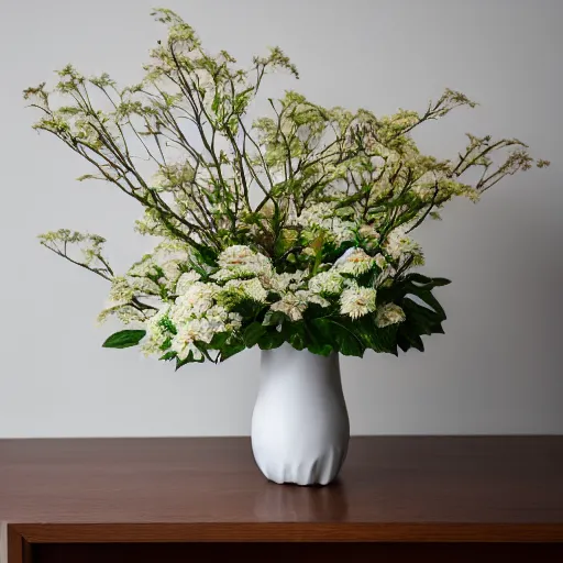 Image similar to a photo of 8k Ikebana in flower vase, wide angle, sony a7r3, ultra detail, photorealistic, in simple background