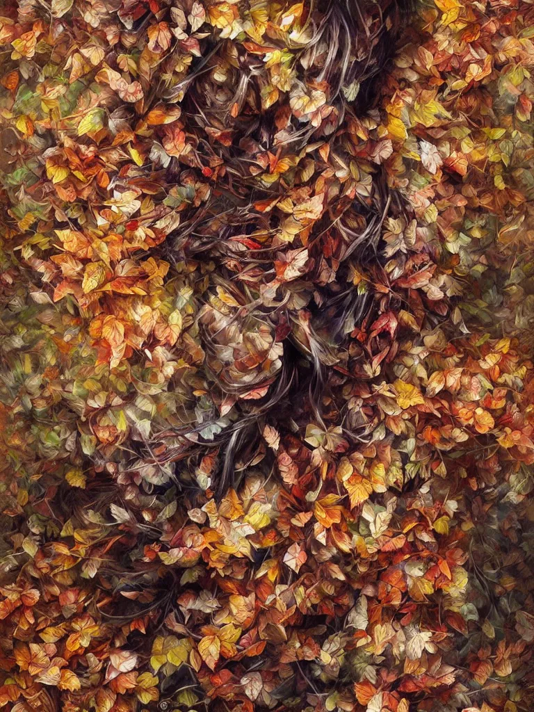 Prompt: a chaotic tornado of autumn leaves, intricate details, aesthetically pleasing and harmonious natural colors, art by marco mazzoni, impressionism, detailed, dark, wind