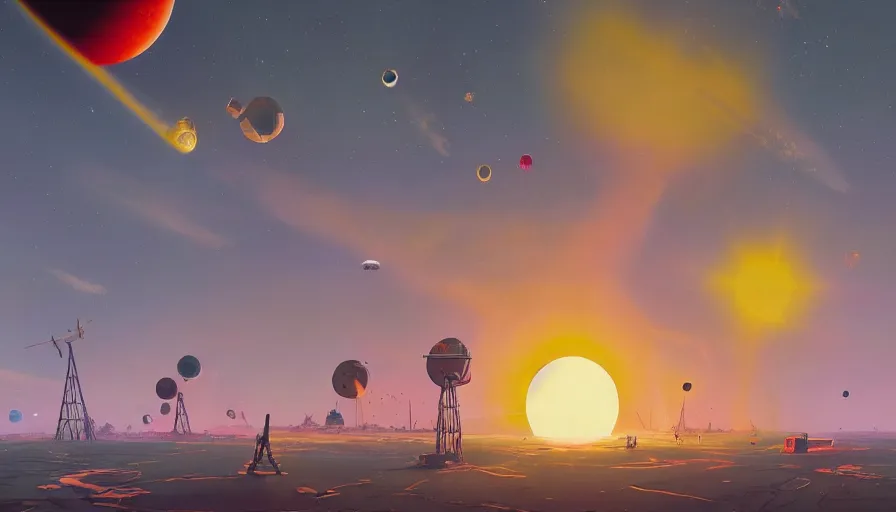 Image similar to hexagons launching from earth to the sun, planet earth in foreground, simon stalenhag