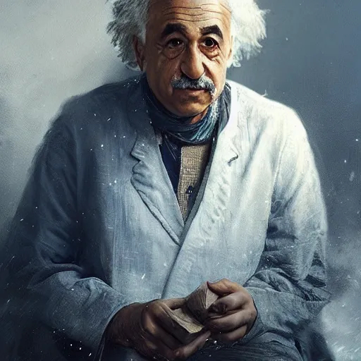 Image similar to a portrait of a Kurdish Albert Einstein in Kurdish clothes by Greg Rutkowski, digital art, horror, chiaroscuro, trending on artstation, anime arts, featured on Pixiv, HD, 8K, highly detailed, good lighting, beautiful, epic, masterpiece